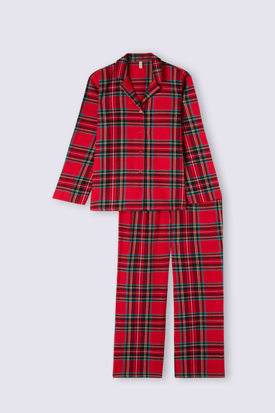 Kırmızı Tartan Desenli Şardonlu Kanvas Uzun Pijama