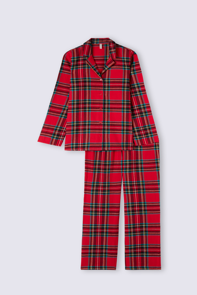 Langer Pyjama aus angerautem Stoff rote Schottenkaros