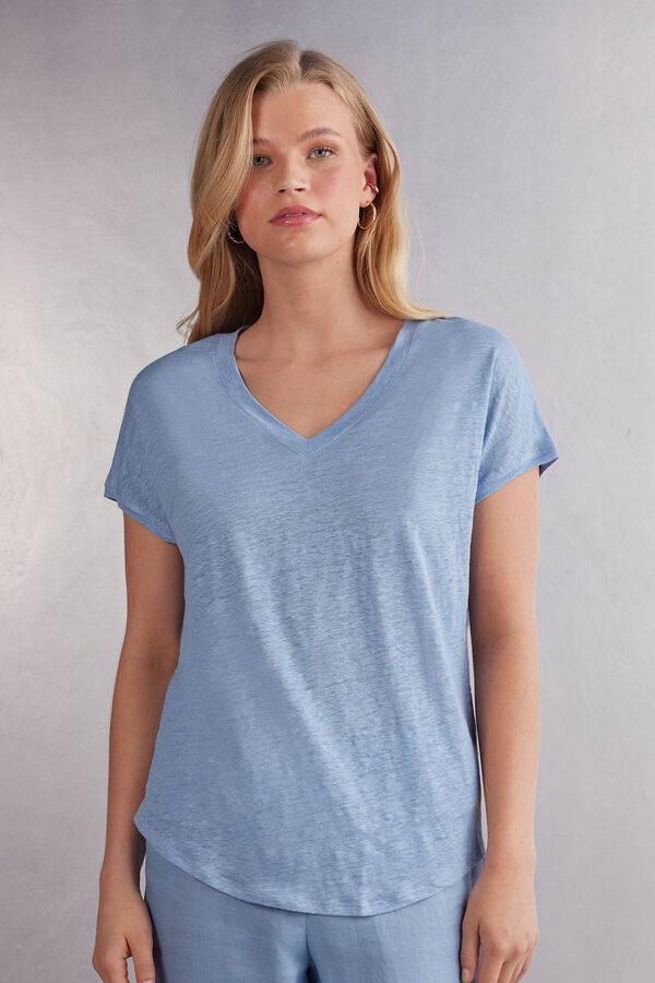 Short-Sleeved Linen Top with V Neck