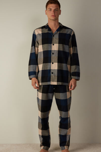 Blue Maxi Check Brushed Plain-Weave Cotton Full-Length Pyjamas