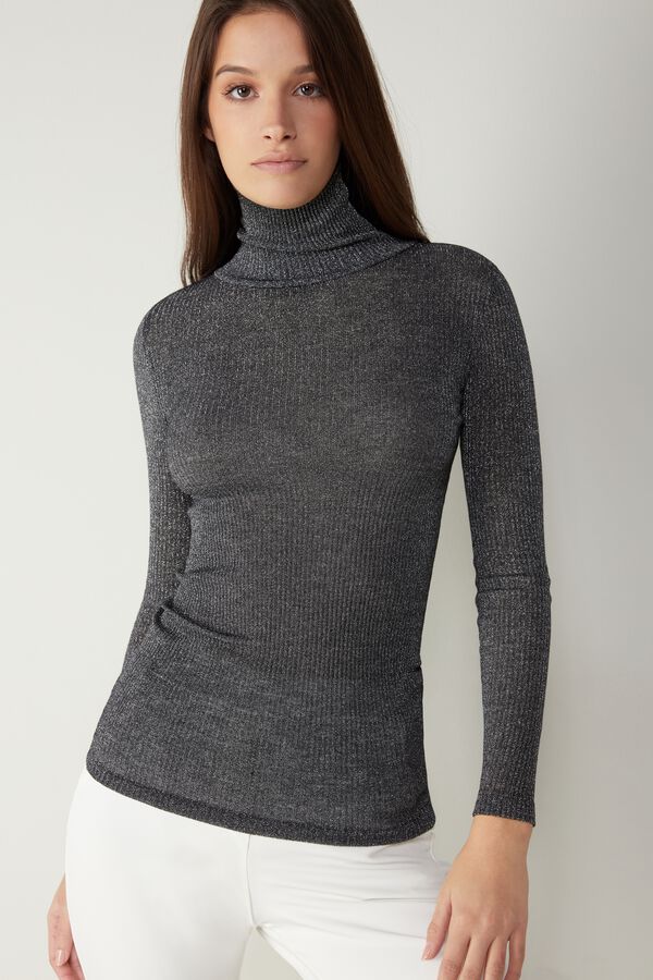 Fitted High Neck Top in Wool and Silk Lame’