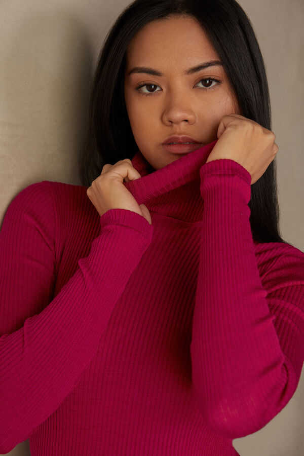 Long-sleeve High-Neck Tubular Top in Wool and Silk