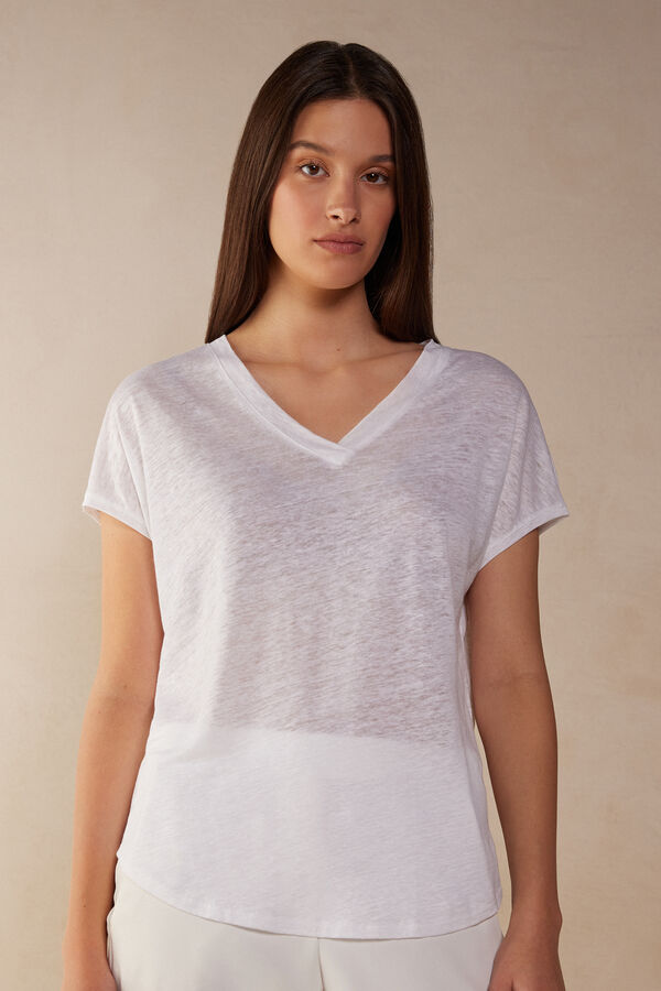 Short-sleeved Linen Top with V Neck
