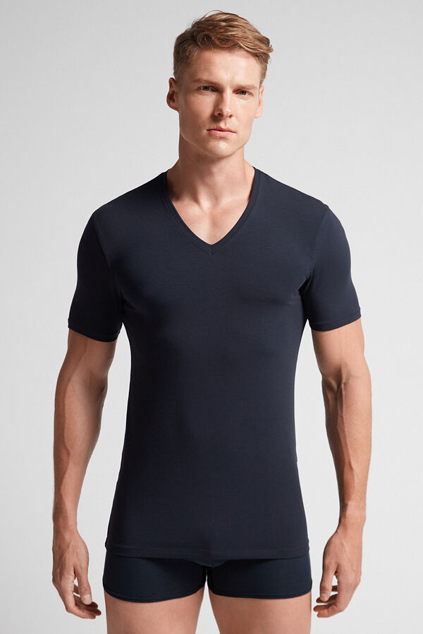 T-Shirt met V-Hals van Extrafijne Superieur Stretchkatoen