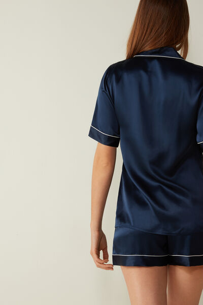 Short-Sleeved Satin Shirt with Contrasting Trim