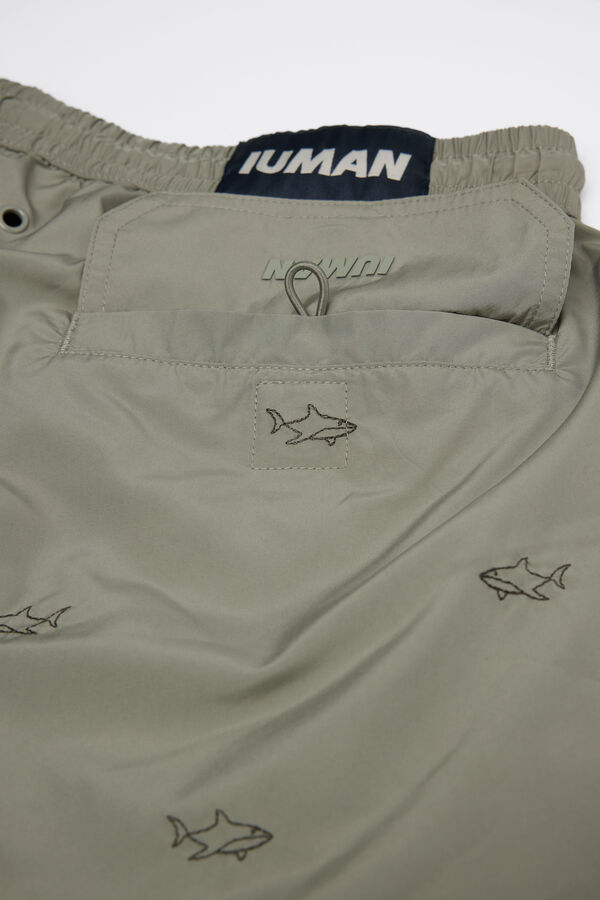 Shark-Embroidered Swim Trunks