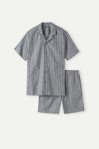 Short Button Up Pajamas in Striped Plain Weave Cotton
