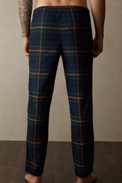 Full-Length Brushed Plain-Weave Green and Blue Tartan Trousers