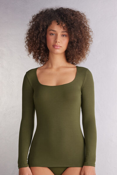 Maglia a Manica Lunga con Scollo a Madonna in Micromodal