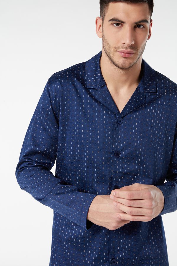 Long Buttoned Foulard Print Canvas Pyjamas