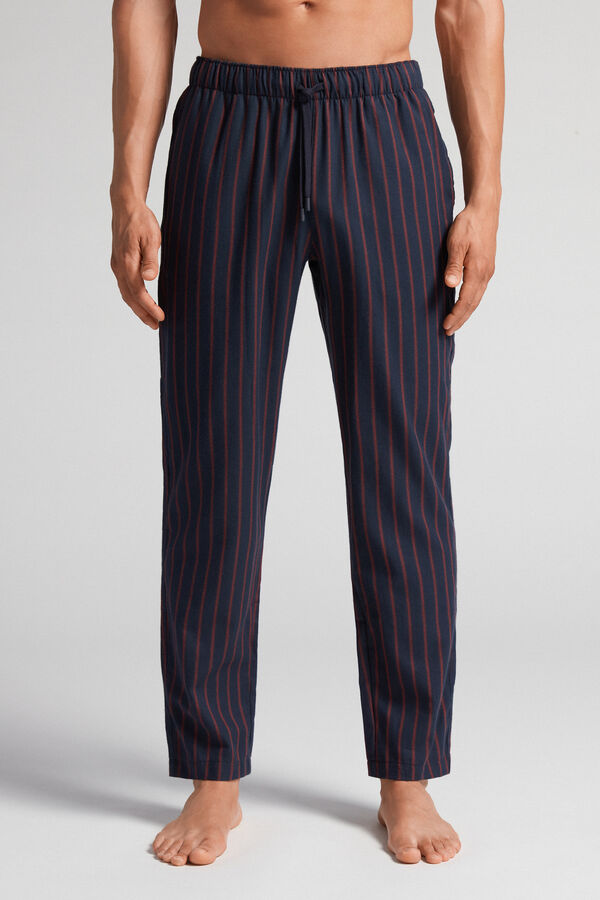 Full-length brown stripe pattern trousers in plain-weave cotton
