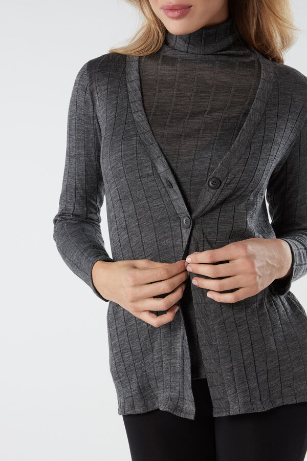 Buttoned Wool and Silk Ribbed Cardigan