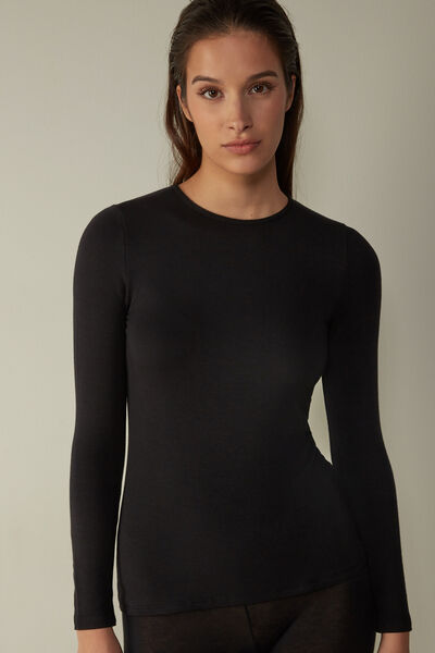Long-Sleeved Modal Fleece with Cashmere Crew-Neck Top