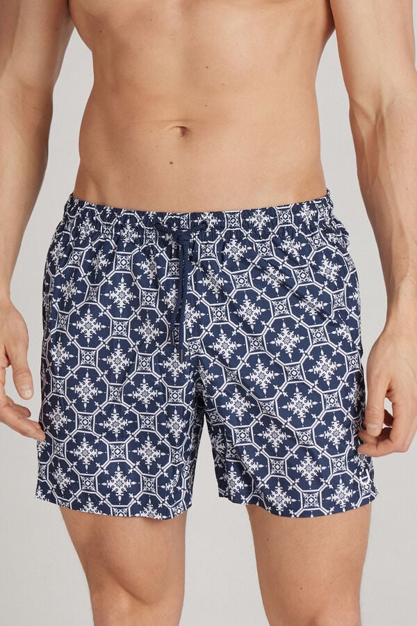 Shorts de Baño con Estampado de Mayólica Azul