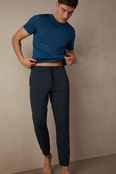 Dlouhé Bavlněné Kalhoty se Vzorem Modrého Jehlového Proužku