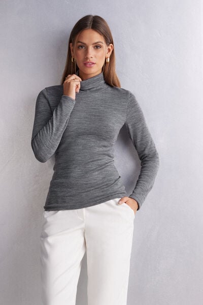 Long-Sleeved Turtleneck Wool & Cotton Top