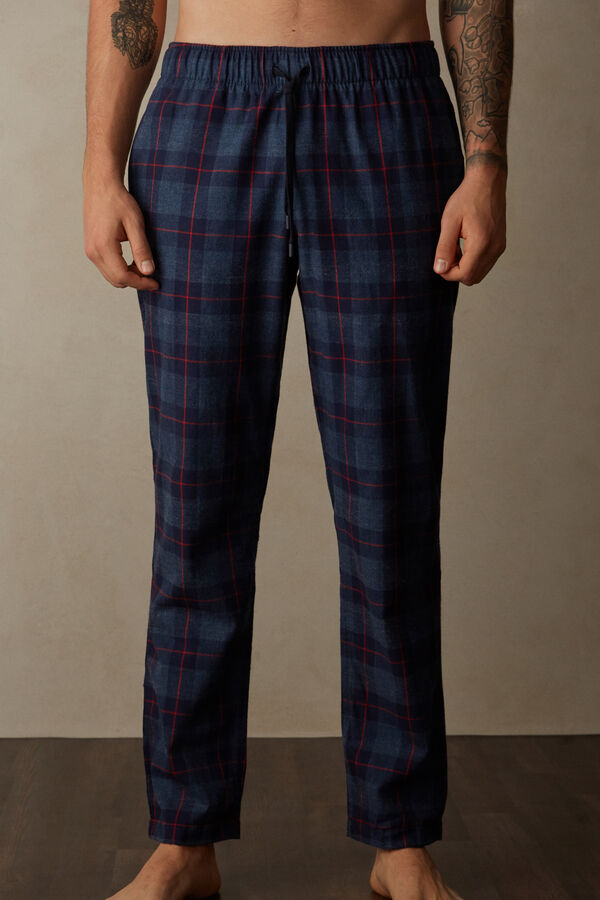 Full Length Pants in Denim and Red Check Patterned Brushed Cloth