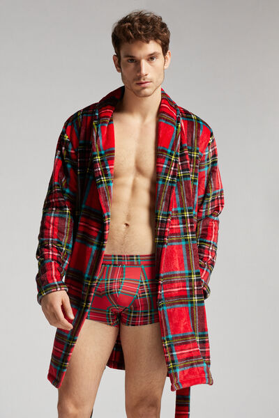 Mens Red & Black Plaid Fleece Robe