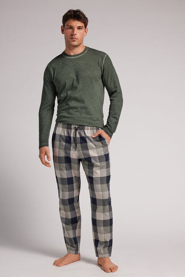 Green Check Full Length Pants in Cotton Cloth
