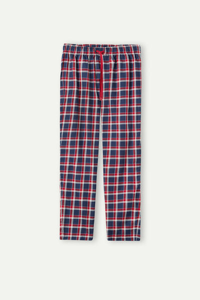 Blue/Red Tartan-Print Cotton Trousers