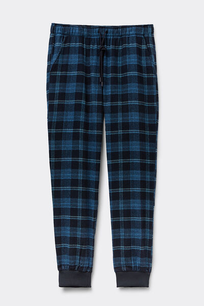 Bas de pyjama en toile de coton brossée imprimé à carreaux bleu denim