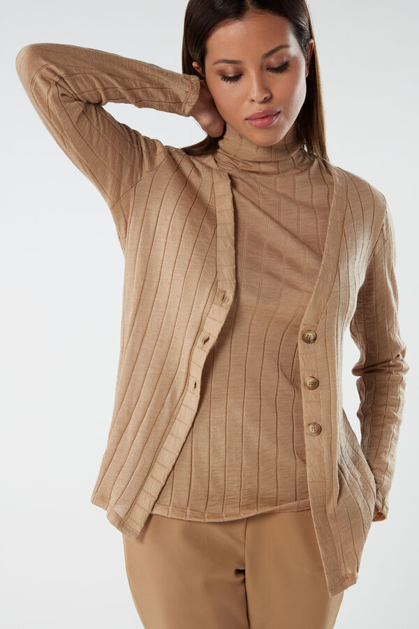Buttoned Wool and Silk Ribbed Cardigan