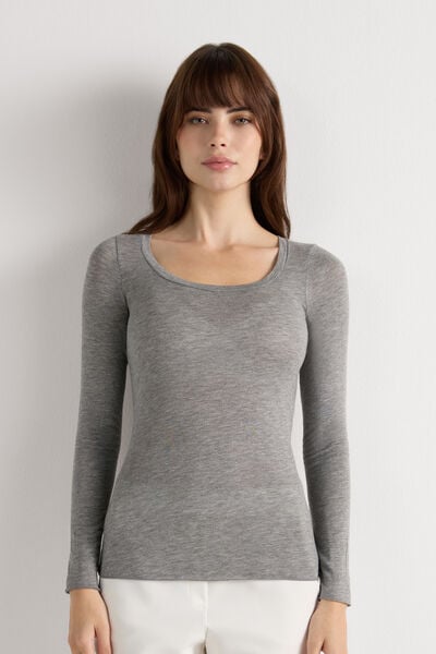 Maglia Manica Lunga Modal Ultralight con Cashmere Scollo Madonna