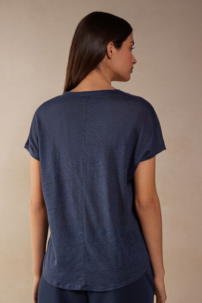 Short-sleeved Linen Top with V Neck