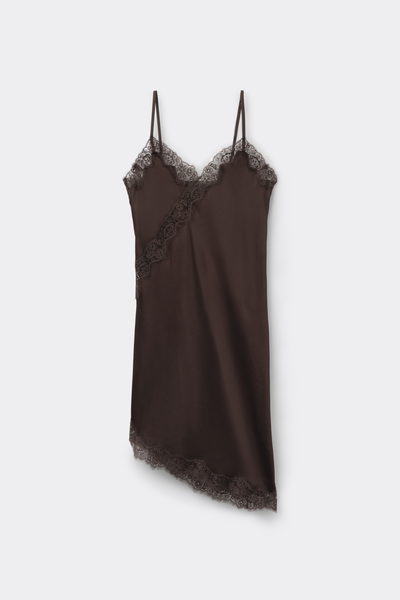 Asymmetrical Slip in Viscose Satin with Lace