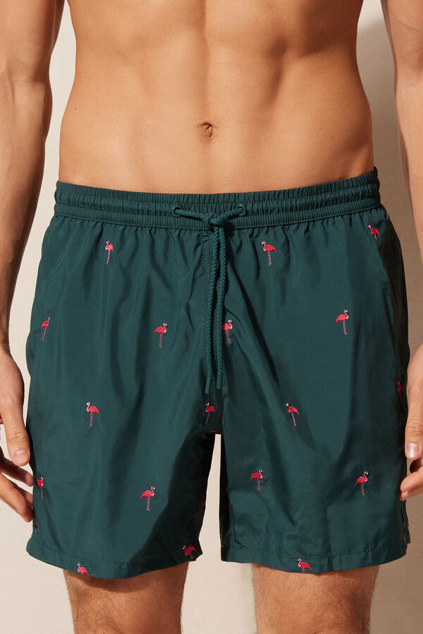 Flamingo-Embroidered Swim Shorts