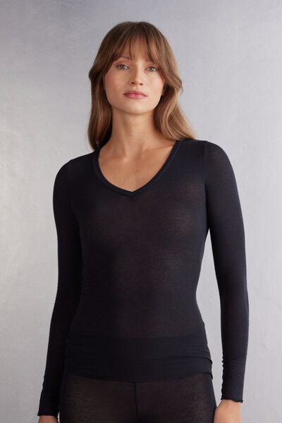 Camiseta de Cuello de Pico de Modal Ultraligero con Cashmere