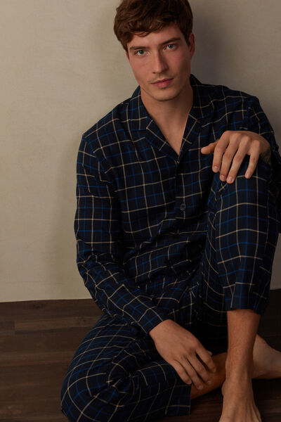 Full-Length Blue Check Cotton Pyjamas