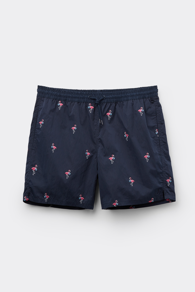 Flamingo-Embroidered Swim Shorts