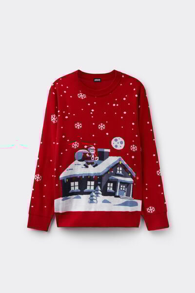 Weihnachtsmann-Pullover und Haus mit Lichtern