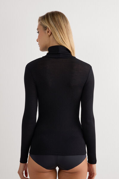 Long-sleeve High-Neck Tubular Top in Wool and Silk