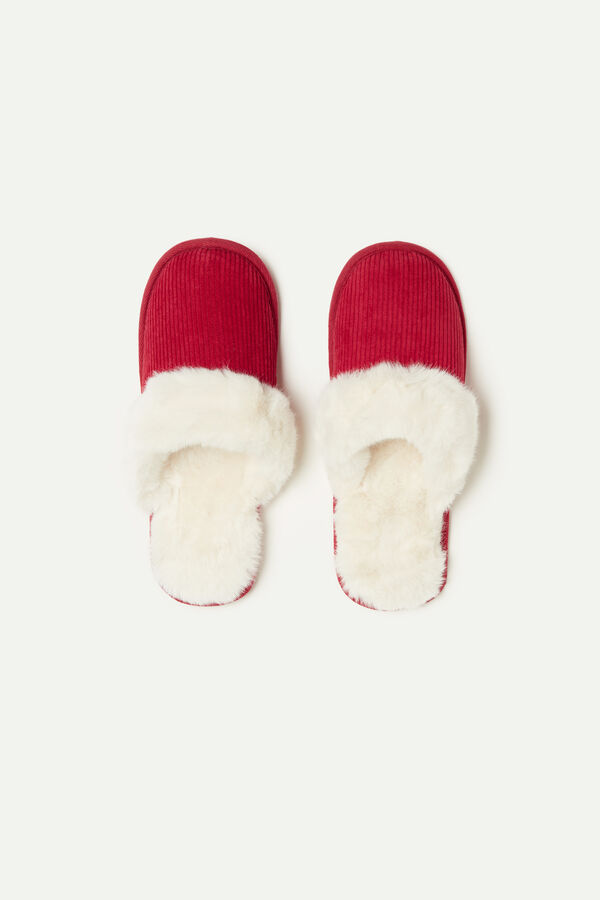 Ribbed Velvet Slippers with Eco-fur