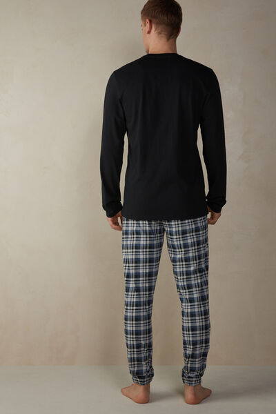 Langer Pyjama mit Schottenkaromuster in Denimblau und Grau