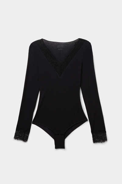 Long Sleeve Bodysuit in Ultralight Modal with Cashmere and Lace