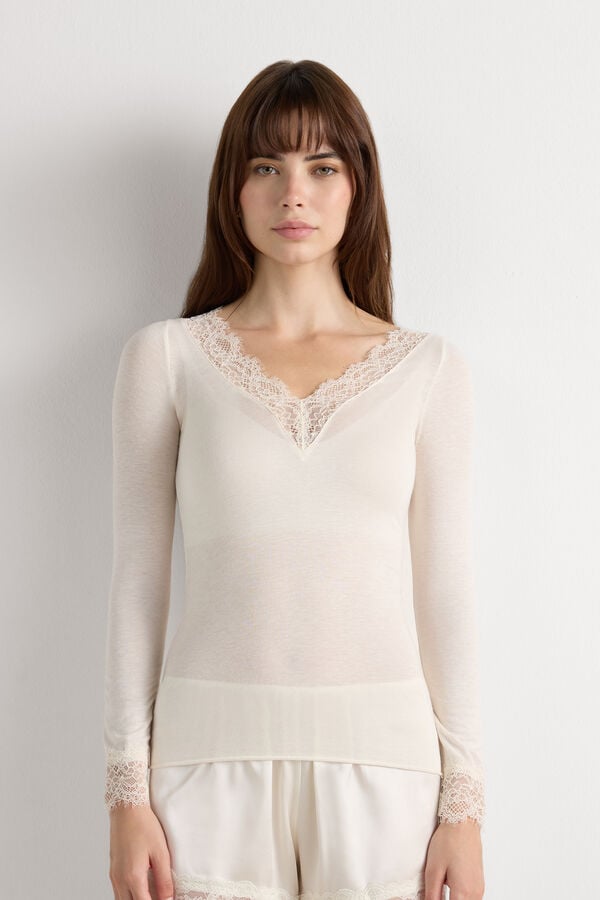 T-shirt manches longues en cachemire et dentelle