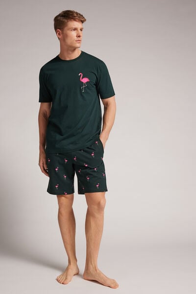 Short Cotton Pyjamas with Flamingo Print