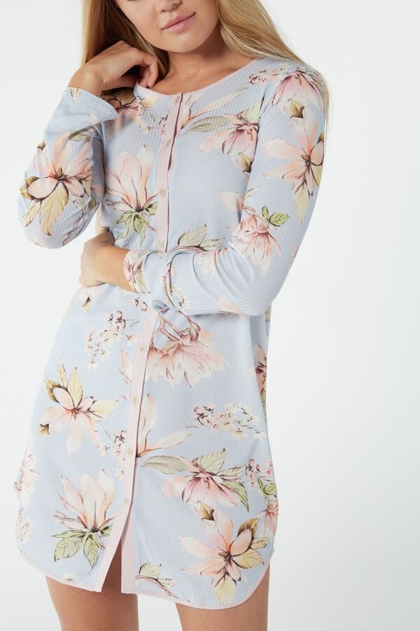 Ribbed Floral Print Modal Buttoned Nightdress