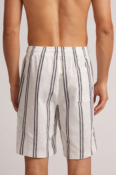 Pantaloni Scurți din In și Bumbac cu Model Macro cu Dungi