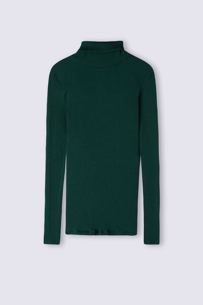 Long-sleeve High-Neck Tubular Top in Wool and Silk