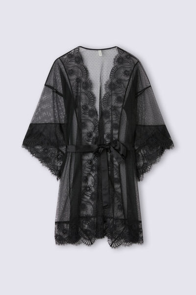 Sensual Flowers Dotted Mesh Tulle and Lace Robe