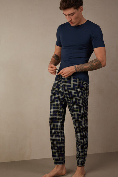 Blue Tartan Pattern Cotton Full-Length Pants