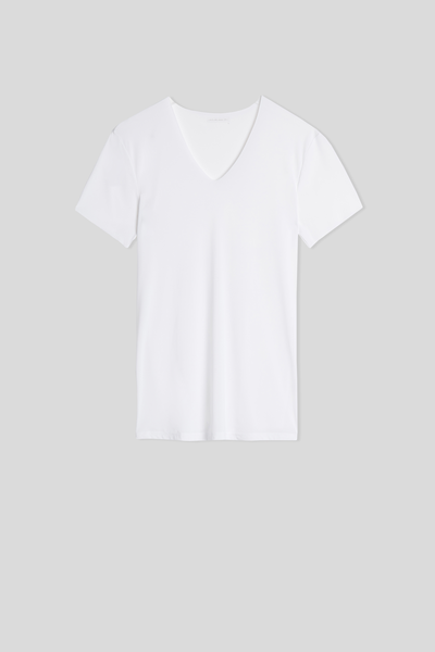 T-shirt in Microrete Taglio Vivo con Scollo a V