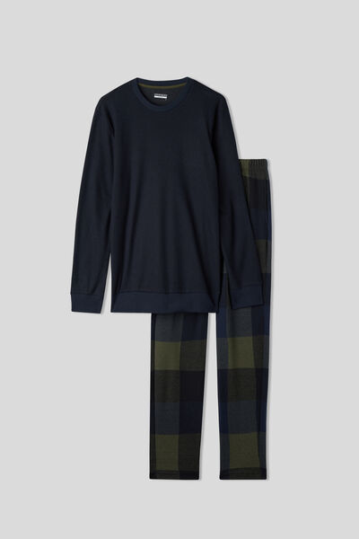 Pijama Largo de Punto con Estampado de Cuadros Azul y Verde