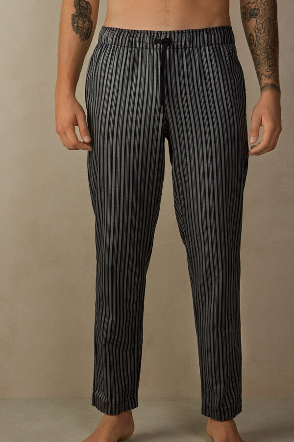 Full-Length Grey Herringbone Stripe Cotton Trousers