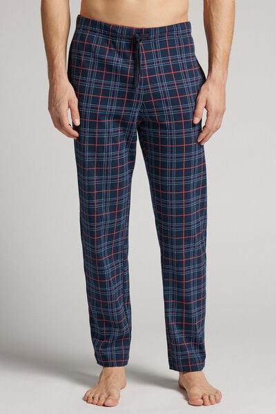 Pantaloni Lungi Imprimeu Tartan Albastru/Cărămiziu din Bumbac