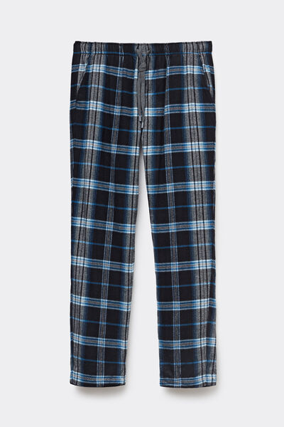 Bas de pyjama en toile de coton brossée imprimé à carreaux noir bleu clair